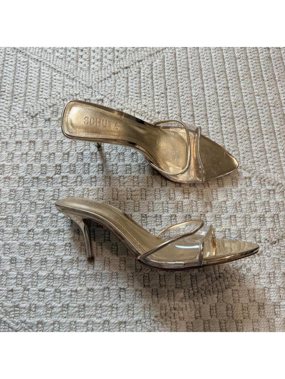SCHUTZ Clear Lucite Strap Metallic Gold Mules